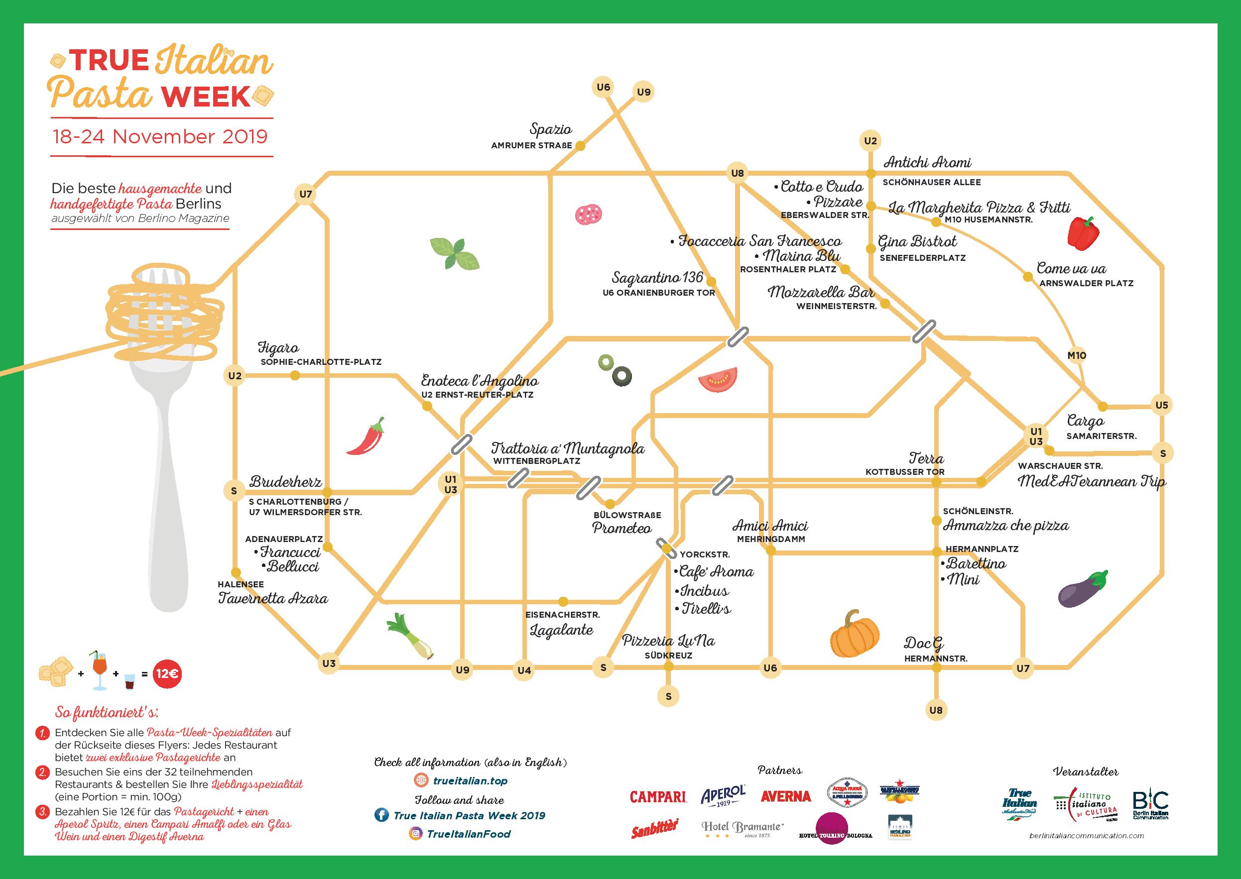 Mapa de la ciudad de Berlín con los restaurantes participantes del Pasta Week.